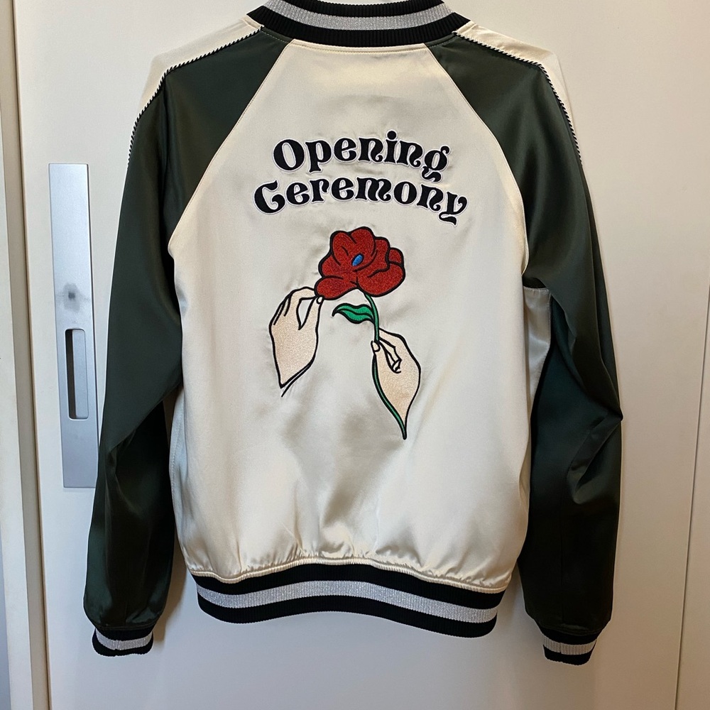 Opening Ceremony Embroidered Satin Jacket in Cream and Green